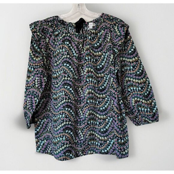 Loft Top Womens MP Garden Dobby Tie Back Ruffle Blouse Colorful Floral Peasant - Picture 1 of 7